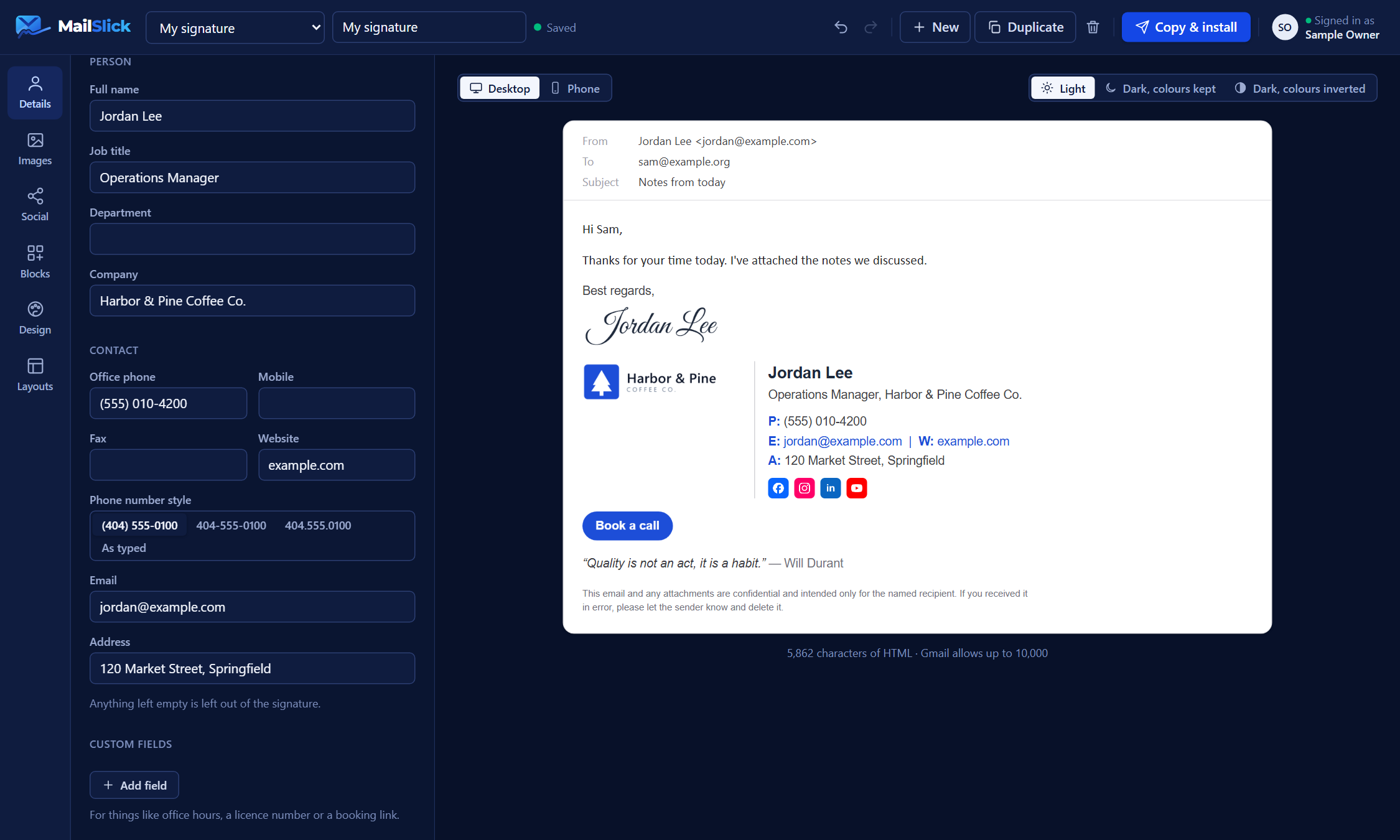 The MailSlick editor: editing panels on the left, a live preview of the signature in an email on the right